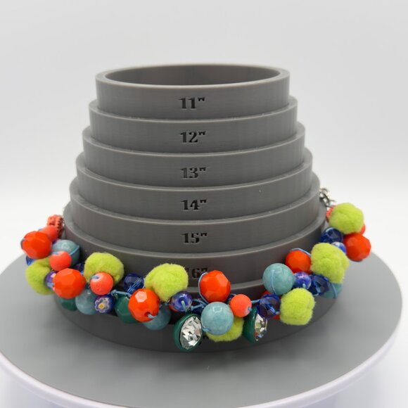 Bright Colorful Beaded Pom Pom Cha Cha Necklace Orange Green Blue Rhinestones - Picture 12 of 13